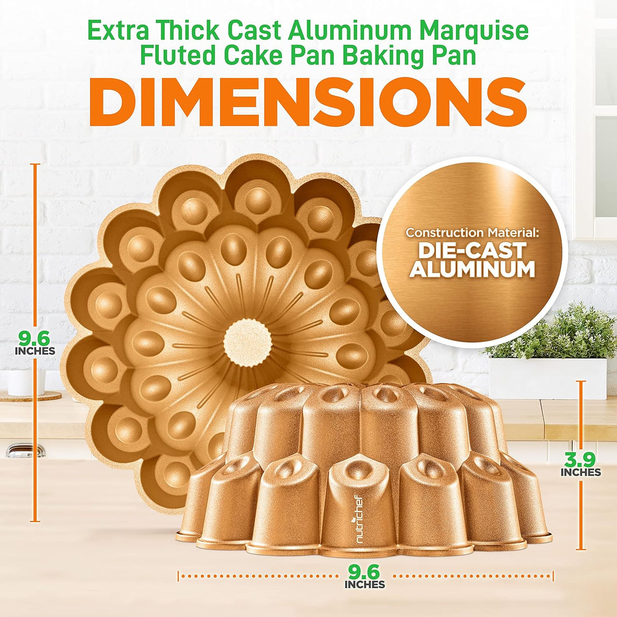 NutriChef 9 Inch Marquise Cake Pan, Thick & Heavy Cast Aluminum Bakeware Cake Mold for Cake with Fluted Easy-Release Edges for Uniform Browning & Baking, Nonstick Heat-Resistant Coating