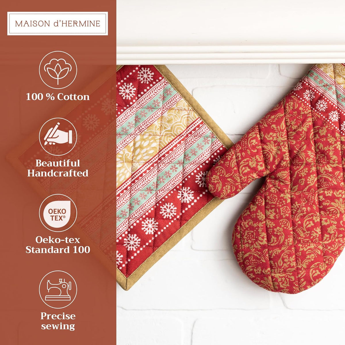 Maison d' Hermine 100% Cotton Oven Mitt & Pot Holder Set (7.5"x13" & 8"x8") Heat Resistant BBQ Cooking Gloves with Loop, Baking, Grilling, Kitchen, Handling Hot Pans (Sofia)