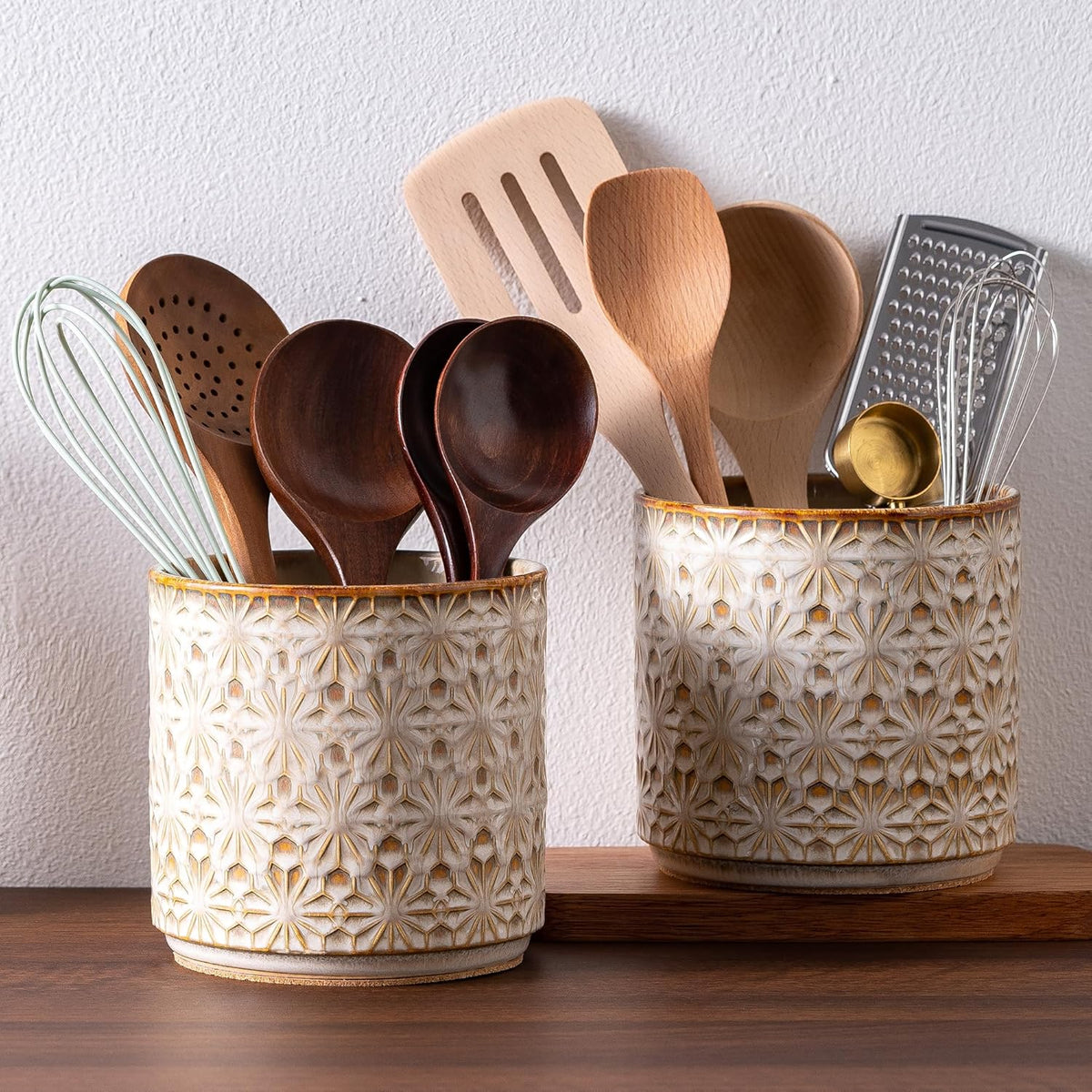 Utensil Holder Rustic Farmhouse Ceramic Utensil Crock for Countertop - 5.3" Handcrafted Kitchen Cooking Utensil Crocks with Cork Base, Natural Finish for Kitchen Tools Storage