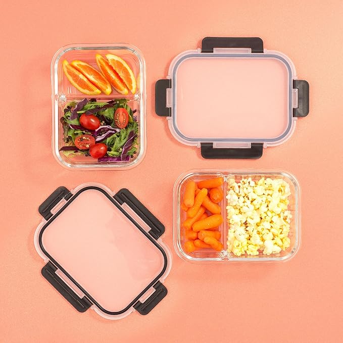 JoyJolt Divided Food Storage Containers with Lids Airtight. 5 Pack Glass Meal Prep Containers 2 Compartment Set Glass Bento Box. Reusable Food Containers, Portion Control Containers for Weight Loss