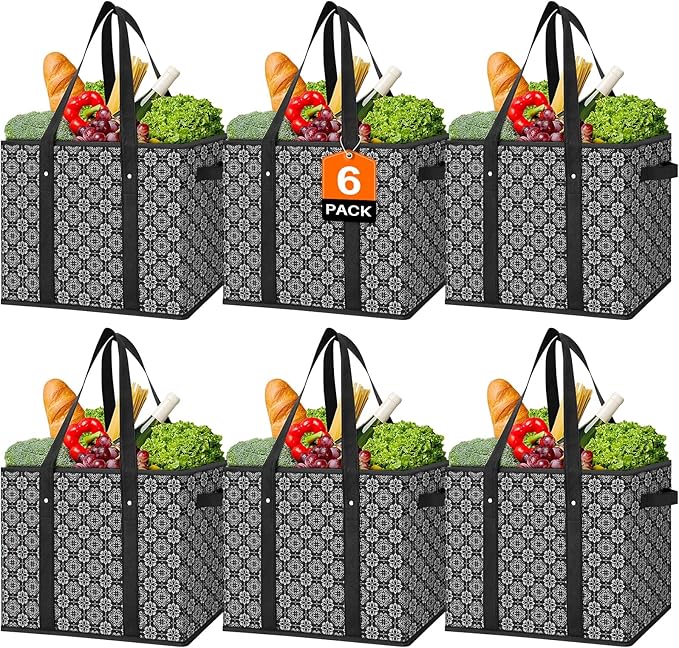 WISELIFE Reusable Grocery Bags [6 Pack],Large Grocery Tote Bag Water Resistant Shopping Bags Foldable Grocery Bag for Clothes,Shoes and Picnic,Black
