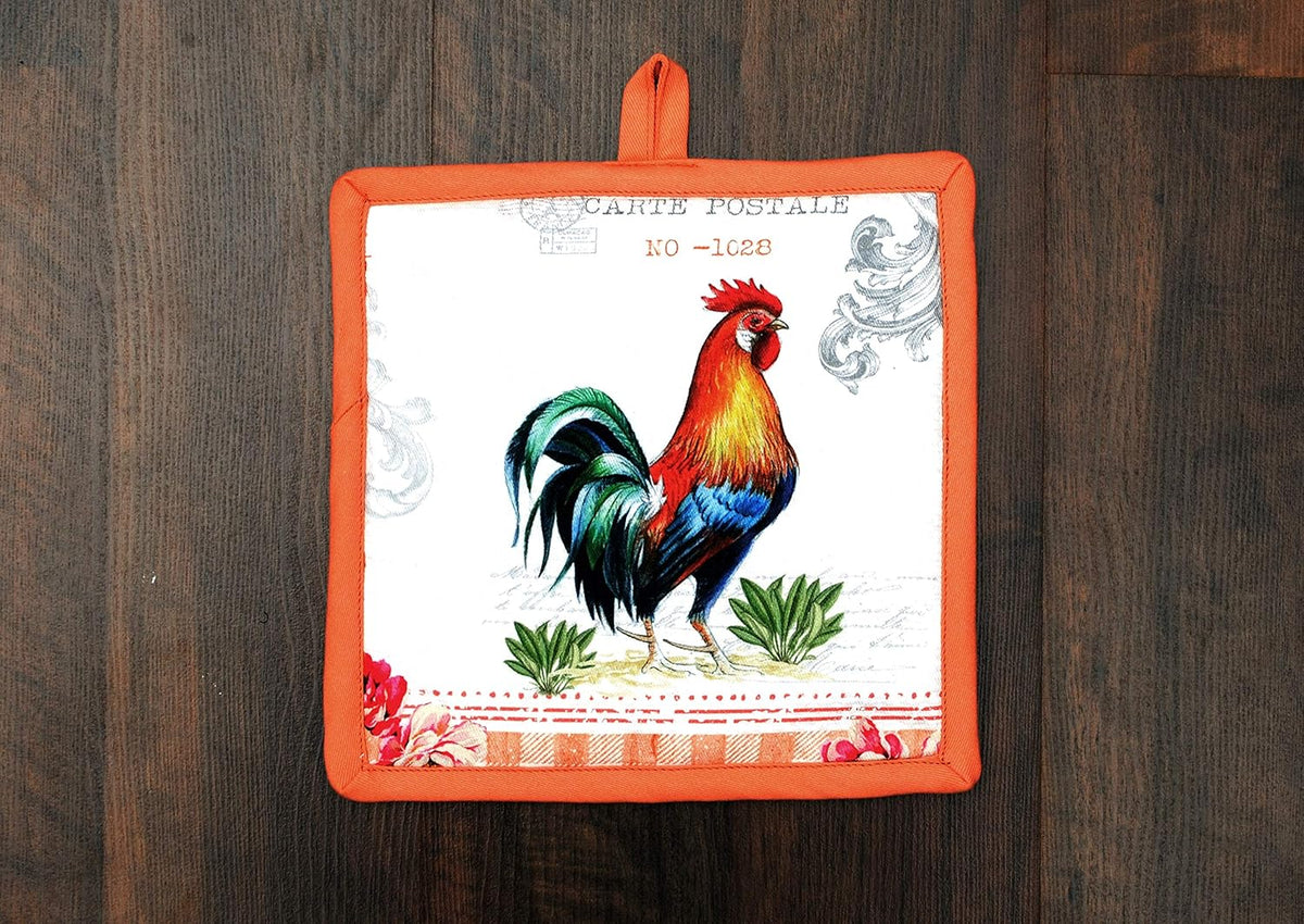 AMOUR INFINI Pot Holders Easter Decor Heat Resistant Cotton Set of 2 Nonslip 8"x8" Inch Hot Pads for Kitchen, BBQ, Baking & Cooking with Hanging Loops (Farm Rooster)