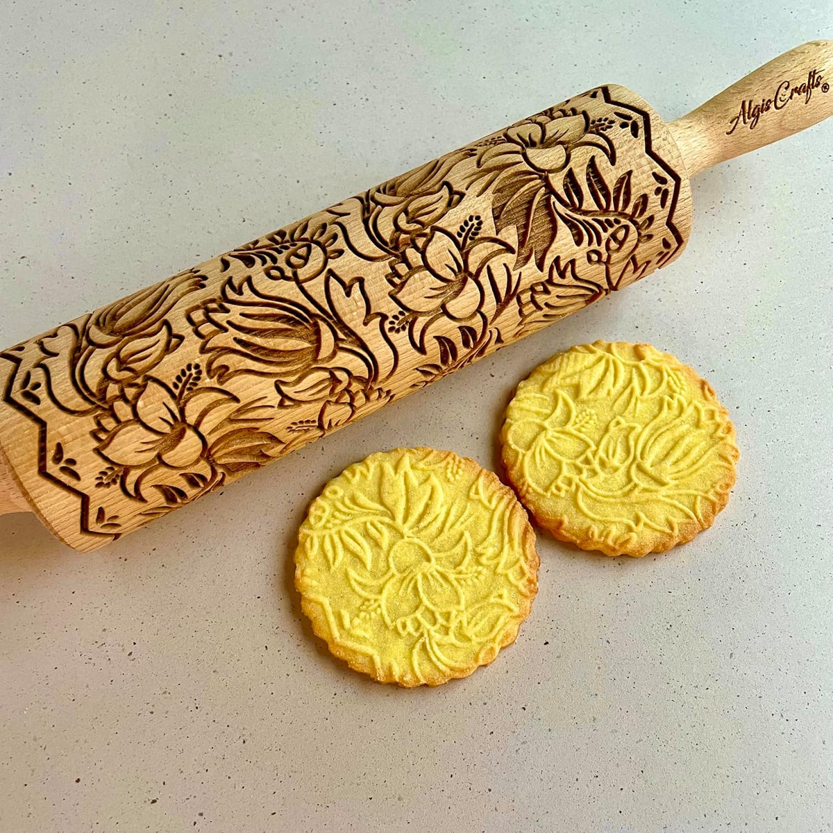 Embossing Rolling Pin BLOOMY with Floral Pattern – Dough and Clay Roller for Embossed Cookies and Pottery - Cookie and Ceramic Stamp - Baking Gifts for Women by Algis Crafts
