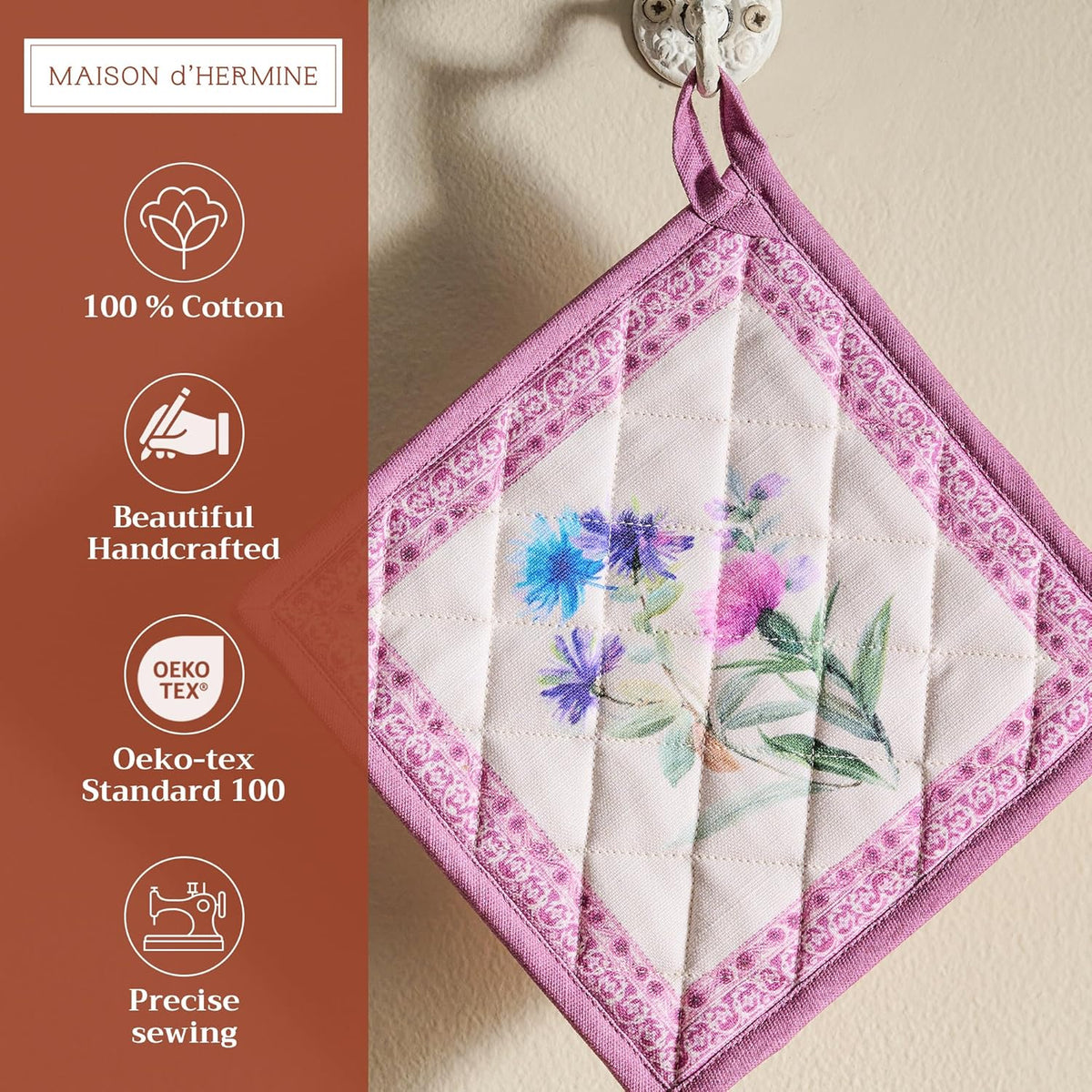 Maison d' Hermine Pot Holders Set 100% Cotton Heat Resistant Potholders 8" x 8" Hot Pads with Loop BBQ, Cooking, Baking, Grilling, Kitchen, Handling Hot Pans Spring/Summer (Pack of 2, Chardon)