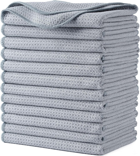 POLYTE Premium Microfiber Kitchen Dish Hand Towel Waffle Weave 12 Pack (16x28 in, Gray)