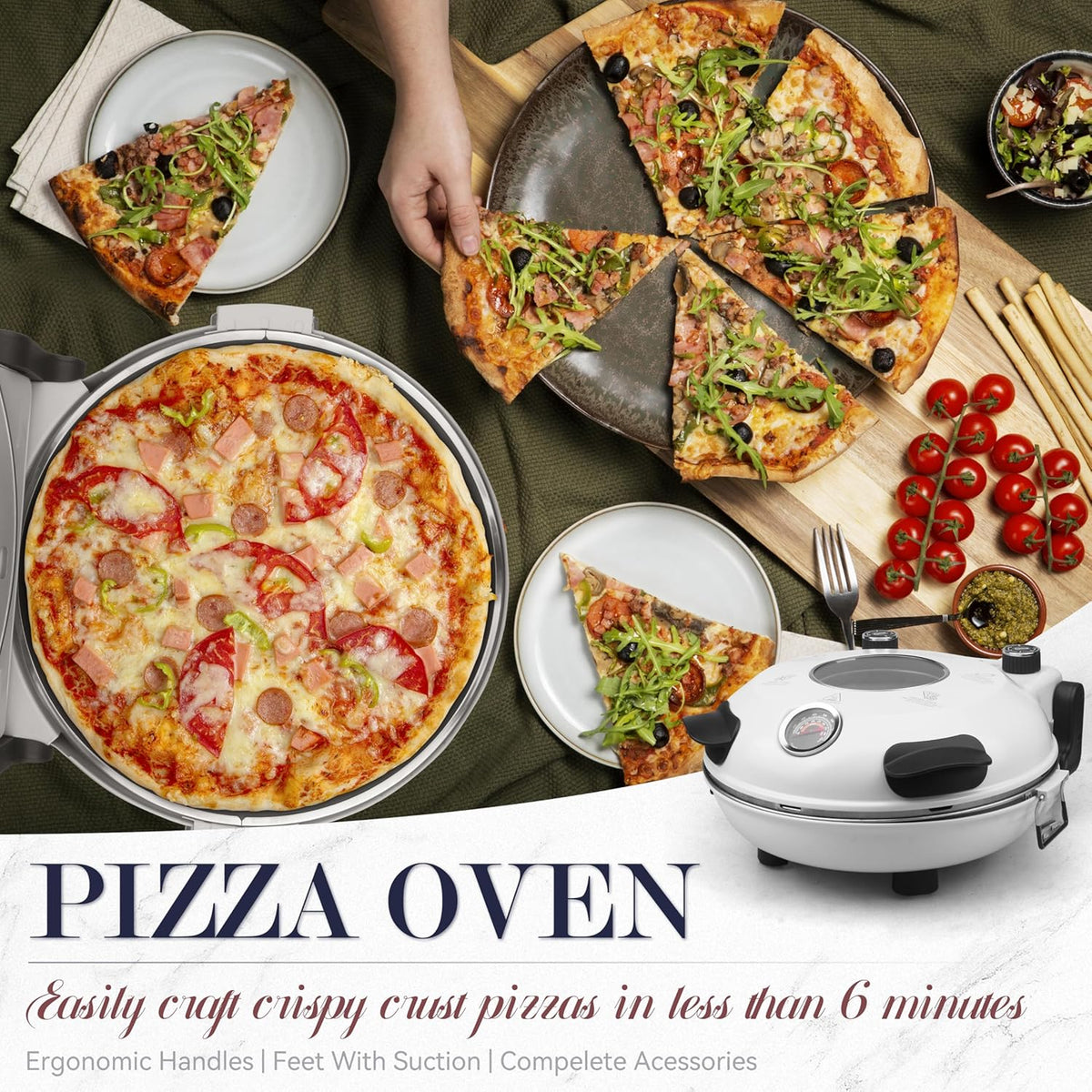 Baker's Friend Electric Pizza Oven Indoor Countertop, 12 Inch Maker Machine for Home, Cooker & Grill, Premium Glazed Ceramic Stone Oven, Creamy White