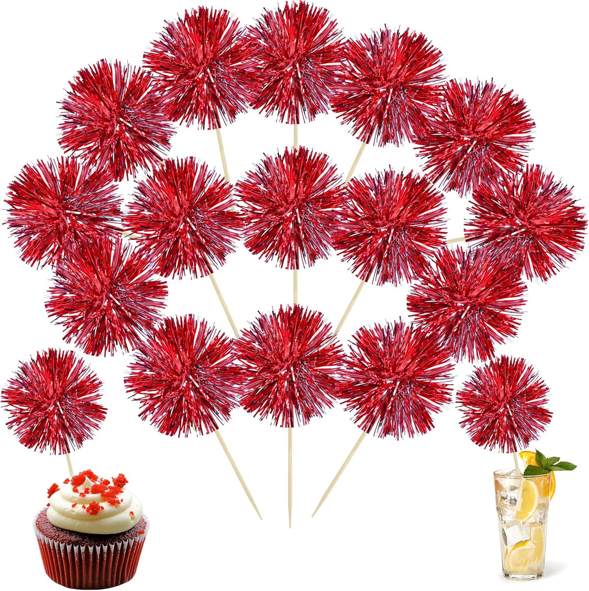Ephlyn 30Pcs Foil Firework Cupcake Toppers Sparkle Tinsel Cupcake Picks Happy Birthday Cake Toppers Drink Stirrers Cocktail Food Fruit Toothpicks for Baby Shower Birthday Party Supplies Red