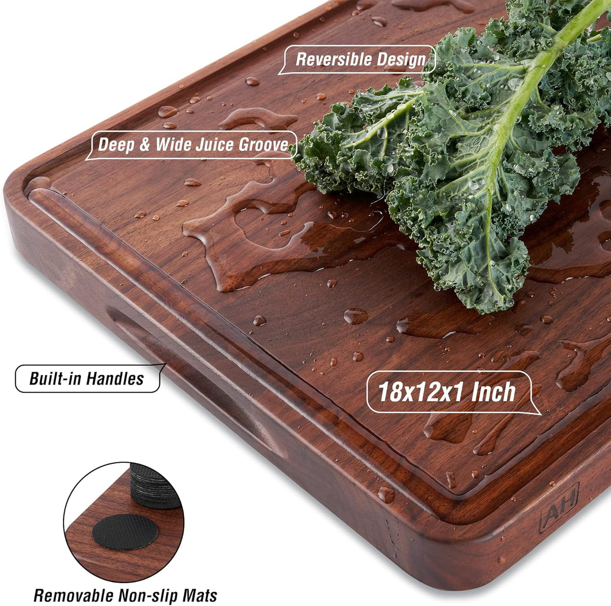 AZRHOM Large Walnut Wood Cutting Board for Kitchen 18x12 (Gift Box) with Juice Groove Handles Non-slip Mats Thick Reversible Butcher Block Chopping Board Cheese Charcuterie Boardrd