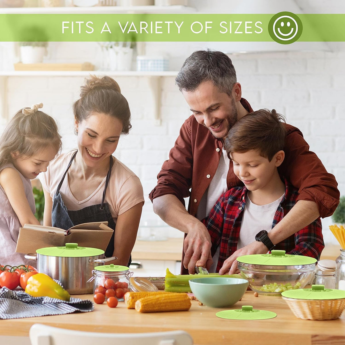 Silicone Bowl Lids Green Set of 5 Reusable Suction Seal Covers for Bowls, Pots, Cups. Food Safe. Natural grip, interlocking handles for easy use and storage.