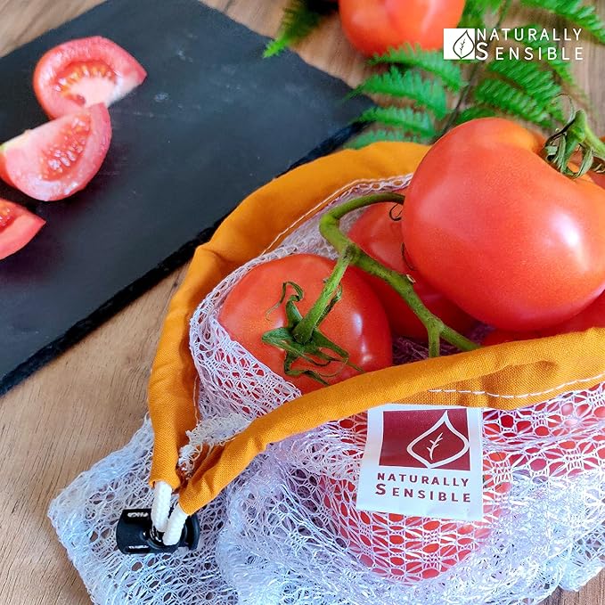 The Original Eco Friendly See Through Washable and Reusable Produce Bags - Soft Premium Lightweight Nylon Mesh Large - 12x14in - Set of 5 (Red, Yellow, Green, Blue, Purple)