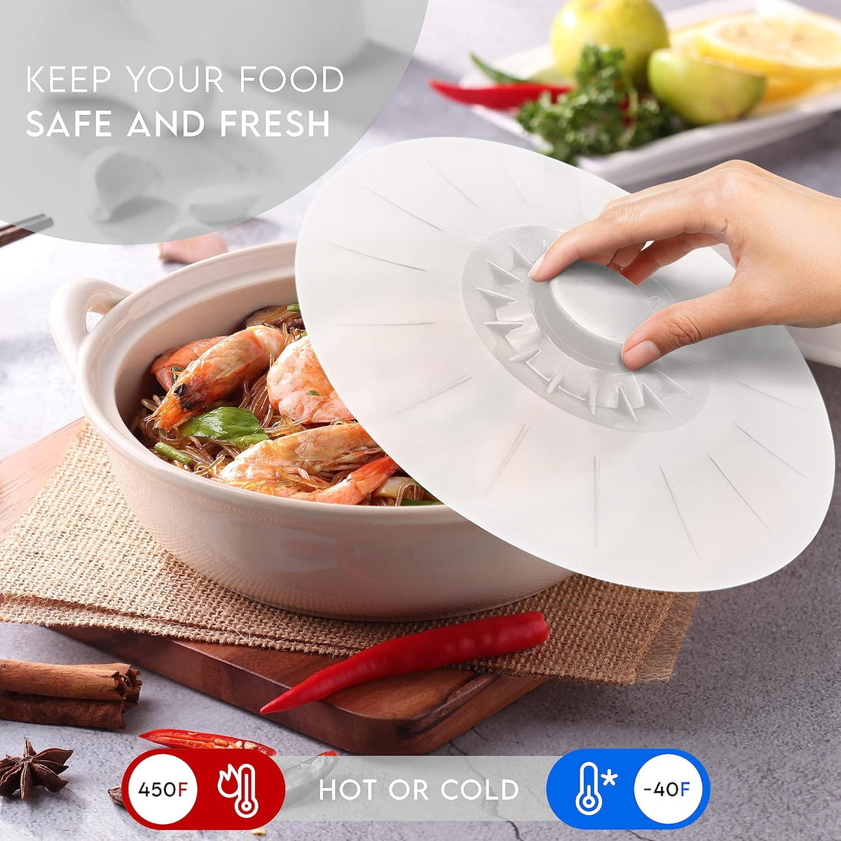 Silicone Bowl Lids White, Set of 5 Reusable Suction Seal Covers for Bowls, Pots, Cups. Food Safe. Natural grip, interlocking handles for easy use and storage.
