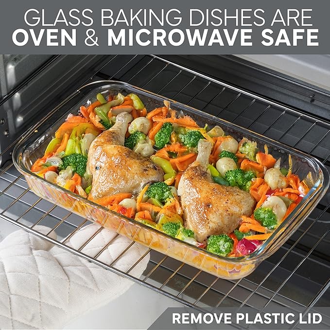COOK WITH COLOR 8-Piece Deep Glass Baking Dish Set with Plastic Lids – Casserole and Food Storage Containers for Lasagna, Leftovers – Freezer-to-Oven, Microwave & Dishwasher Safe, Fluted Grey