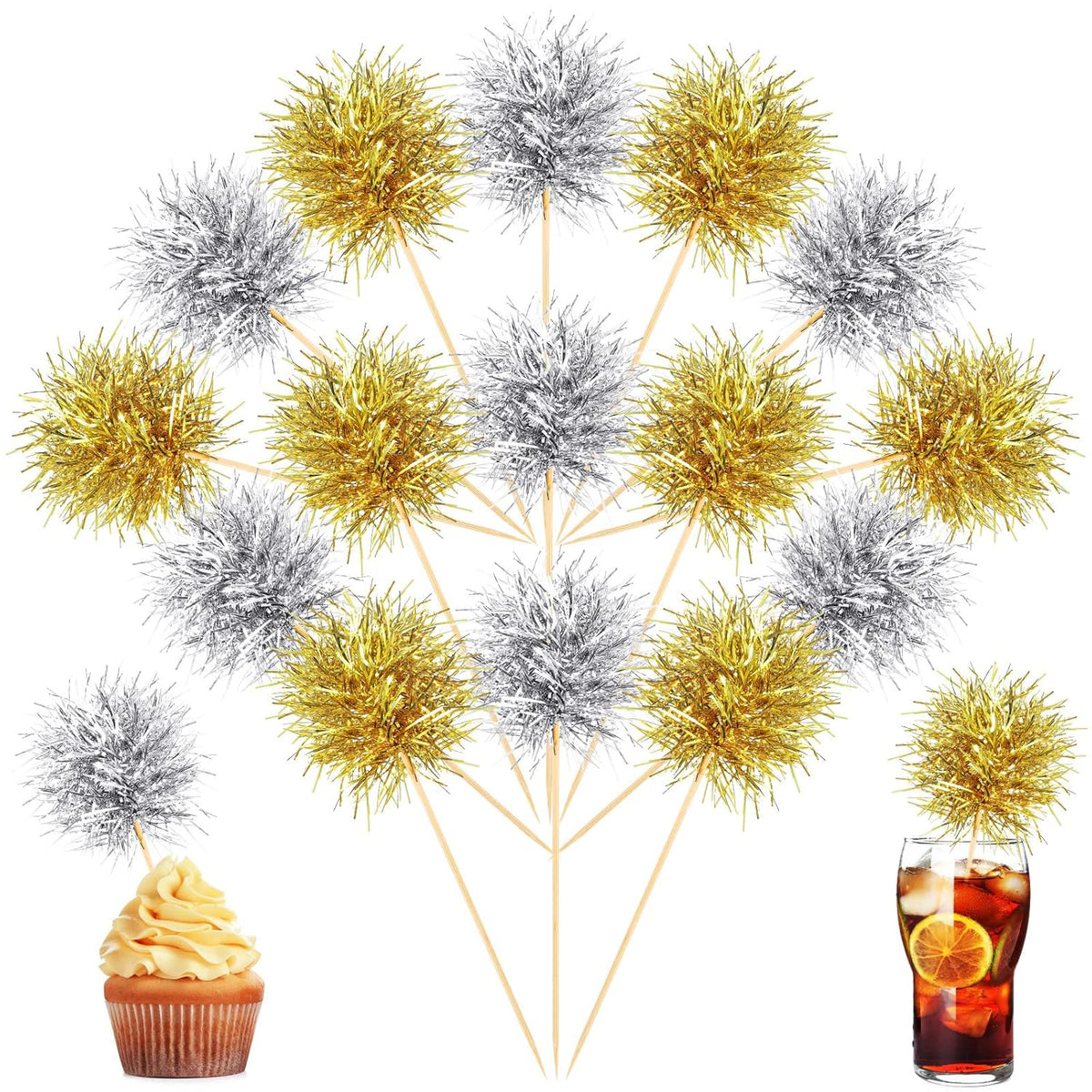 Chinco 100 Pcs Foil Firework Cupcake Toppers Sparkle Tinsel Cake Toppers Cake Decoration Cocktail Fruit Toothpick for Birthday Wedding Graduation Party(Gold, Silver)