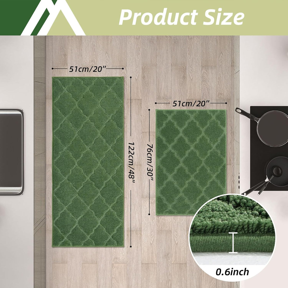 COSY HOMEER Soft Kitchen Rugs [2 PCS] for in Front of Sink Super Absorbent Kitchen Floor Mats and Mats 20x30 Inch/20X48 Non-Skid Kitchen Mat Standing Mat Washable,Polyester,Green