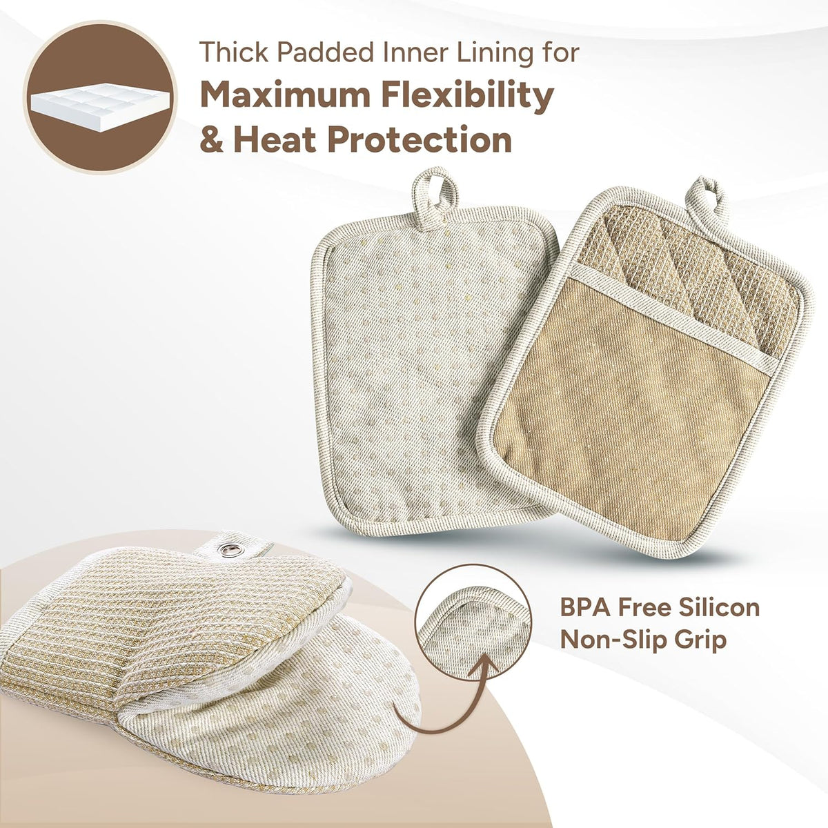 Casa Platino Pot Holders and Oven Mitts, 8-Piece – 500°F Heat Resistant Mini Oven Mitts with Silicone Grip, Potholders for Kitchens, 2 Kitchen Towels & 2 Dish Cloths – Non-Slip & Durable – Beige