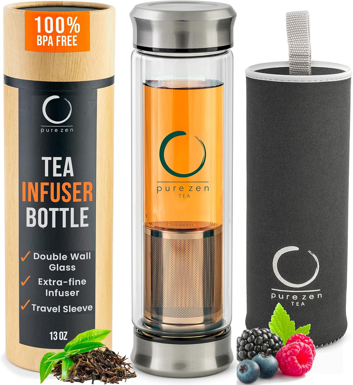 Pure Zen Tea Tumbler with Infuser - Double Wall Glass Travel Mug with Stainless Steel Filter - Leakproof Tea Infuser Bottle for Loose Leaf Infusions and Fruit Infused Water - Unique Gift Set - 13 oz