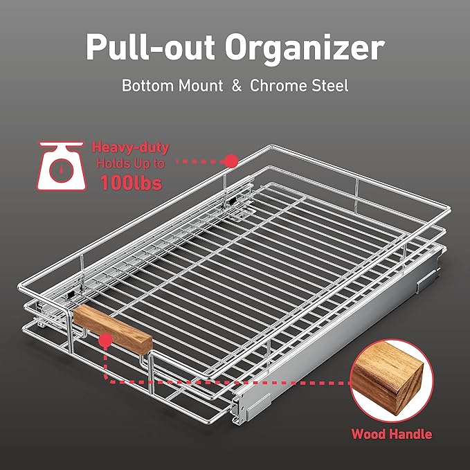 Pull Out Cabinet Organizer(14" W x 21" D), Heavy Duty Slide Out Pantry Shelves, Storage Shelf Drawer Basket for 15-1/4” Cabinet Opening, Pull Shelf Storage for Pots, Chrome