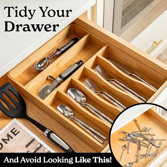 SMIRLY Silverware Drawer Organizer – Bamboo Kitchen Drawer Organizer, Adjustable Utensil Holder and Cutlery Tray, Drawer Dividers for Flatware and Kitchen Utensils