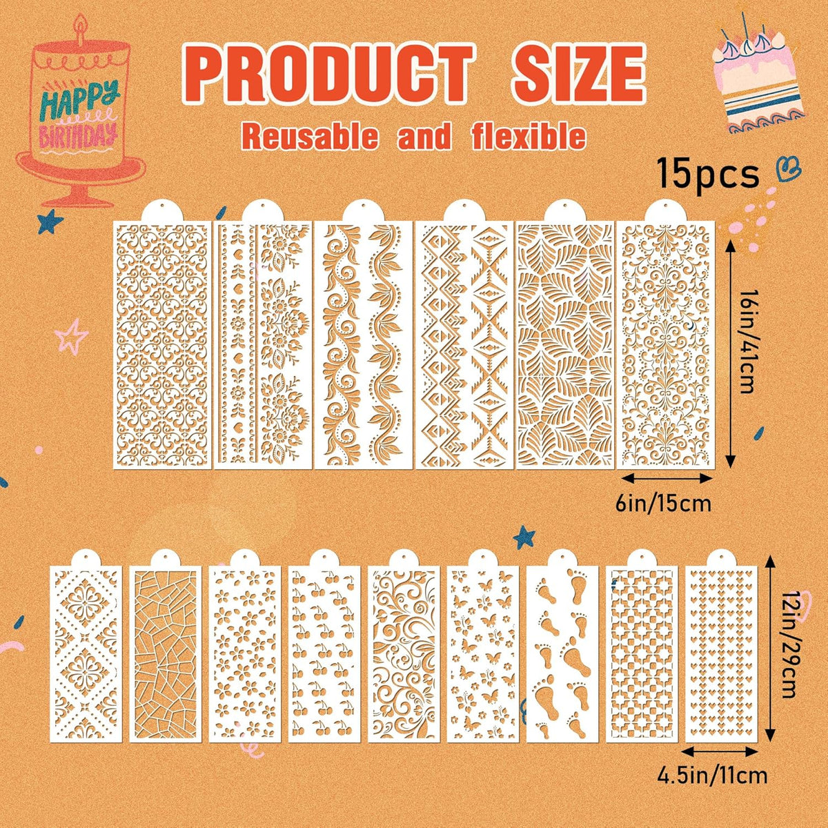 Cake Buttercream Decorating Stencils - 15 Pcs Reusable Cake Stencils Floral Boarder, Cookies Royal Icing Stencils Biscuits Decorating Template Cake Baking Stencils