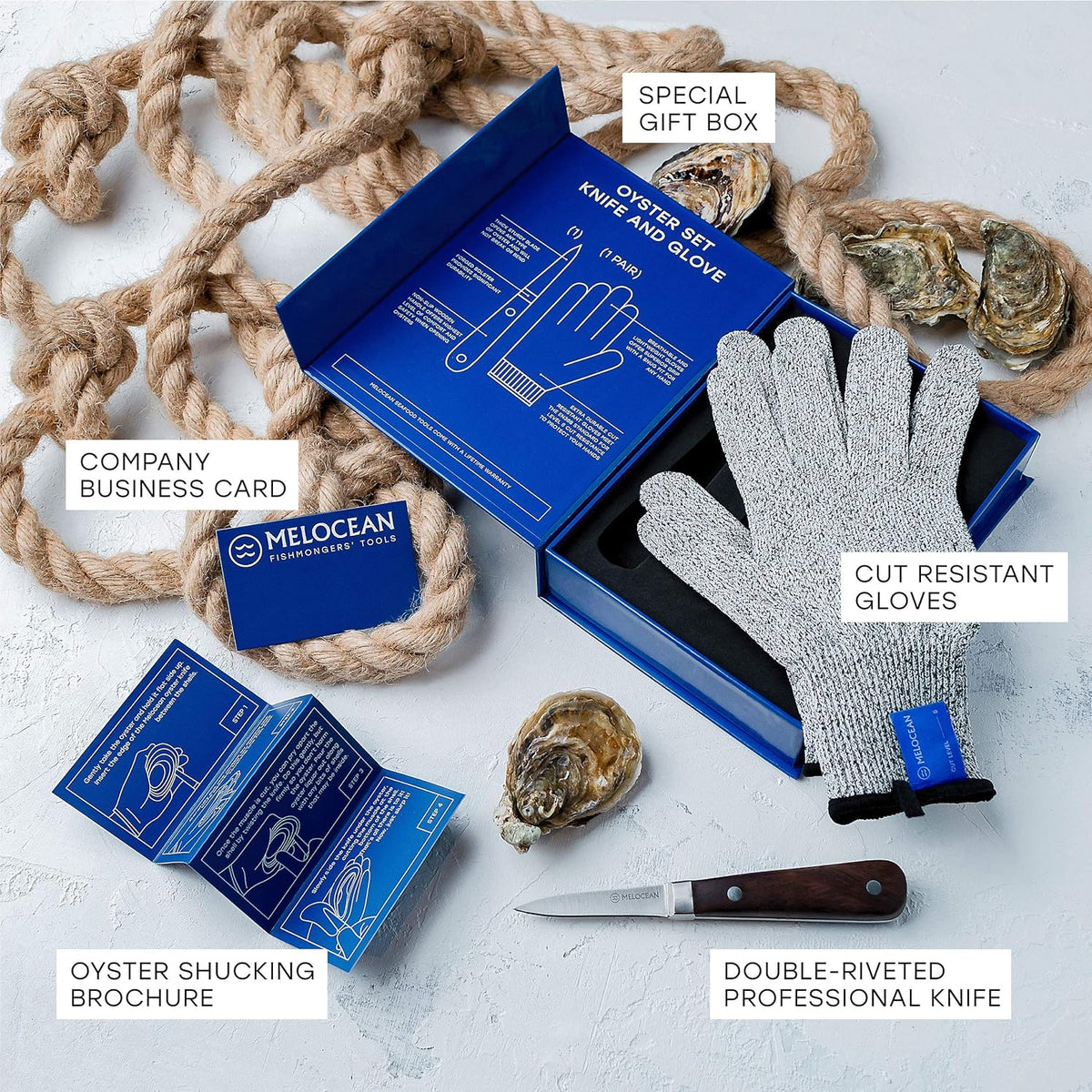 Oyster Shucking Knife and Gloves Set - Premium Oyster Knife and Oyster Shucking Glove Kit - Professional Oyster Shucker Clam Knife Oyster Opener Tool in Lovely Box - Bonus Ebook and Brochure Included