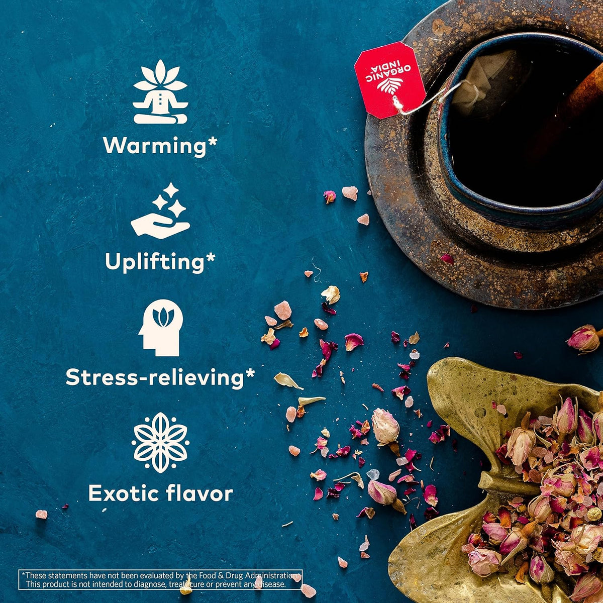 Organic India Tulsi Cinnamon Rose Herbal Tea - Holy Basil, Stress Relieving & Mystical, Immune Support, USDA Certified Organic, Supports Sugar Metabolism, Caffeine-Free - 18 Infusion Bags, 6 Pack