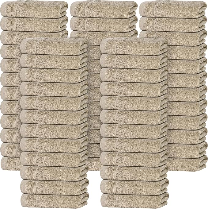 Tens Towels Pack of 60 Washcloths, 12 x 12 Inches, Lighter Weight, Quick to Dry, Super Soft & Absorbent, Gentle Face Towels, Hotel Quality, Perfect for Bathroom, Gym, Spa (Beige, 60 Pack)