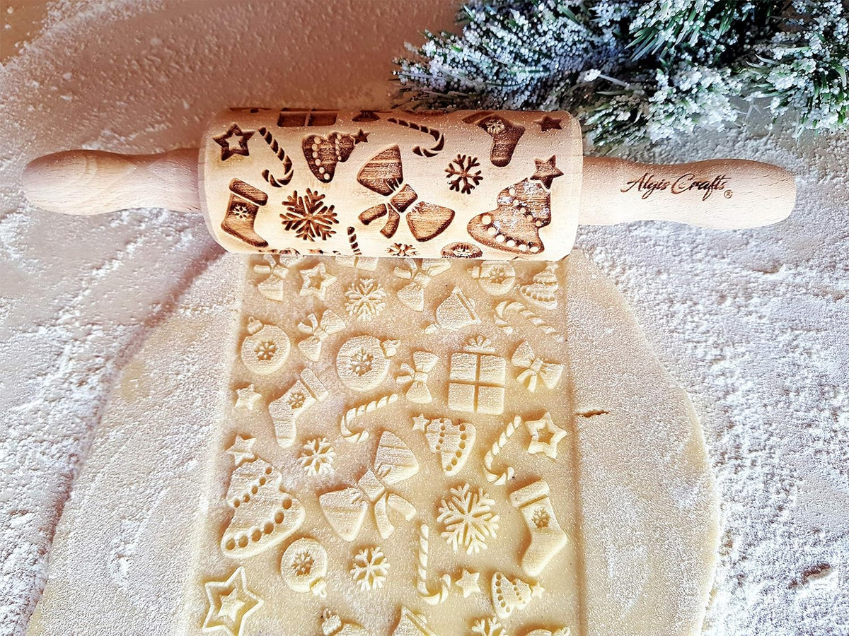 CHRISTMAS 3 Mini Embossed Rolling Pin Set Wooden Laser Engraved Textured rolling pins with Snowflakes, Elks, Christmas Trees and Gifts for Cookies by Algis Crafts