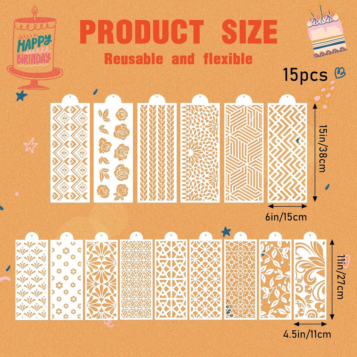 Cake Stencils for Baking - 15 Pcs Cookie Stencils for Royal Icing, Flower Roses Cookie Stencils for Buttercream Decorating, Folk Brick Stencils Cookie Decoration, Baking Template Cake Decor