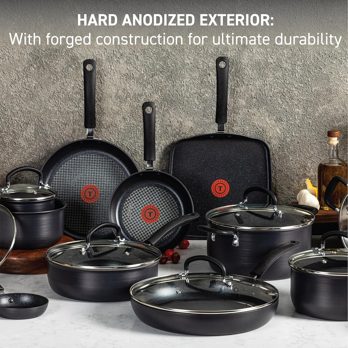 T-fal Ultimate Hard Anodized Nonstick Cookware Set 12 Piece, Oven Broiler Safe 400F, Lid Safe 350F, Kitchen Cooking Set w/Fry Pans, Saucepans, Dutch Oven, Pots and Pans, Dishwasher Safe, Black