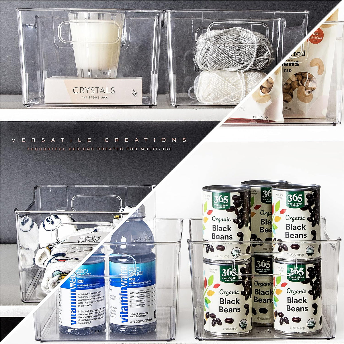 BINO | Plastic Storage Bins - 4 Pack | THE LODGE COLLECTION | Clear Storage | Containers for Organizing with Handles | Pantry Kitchen Organization | Fridge Organizer | Bathroom | Shelves Cabinet