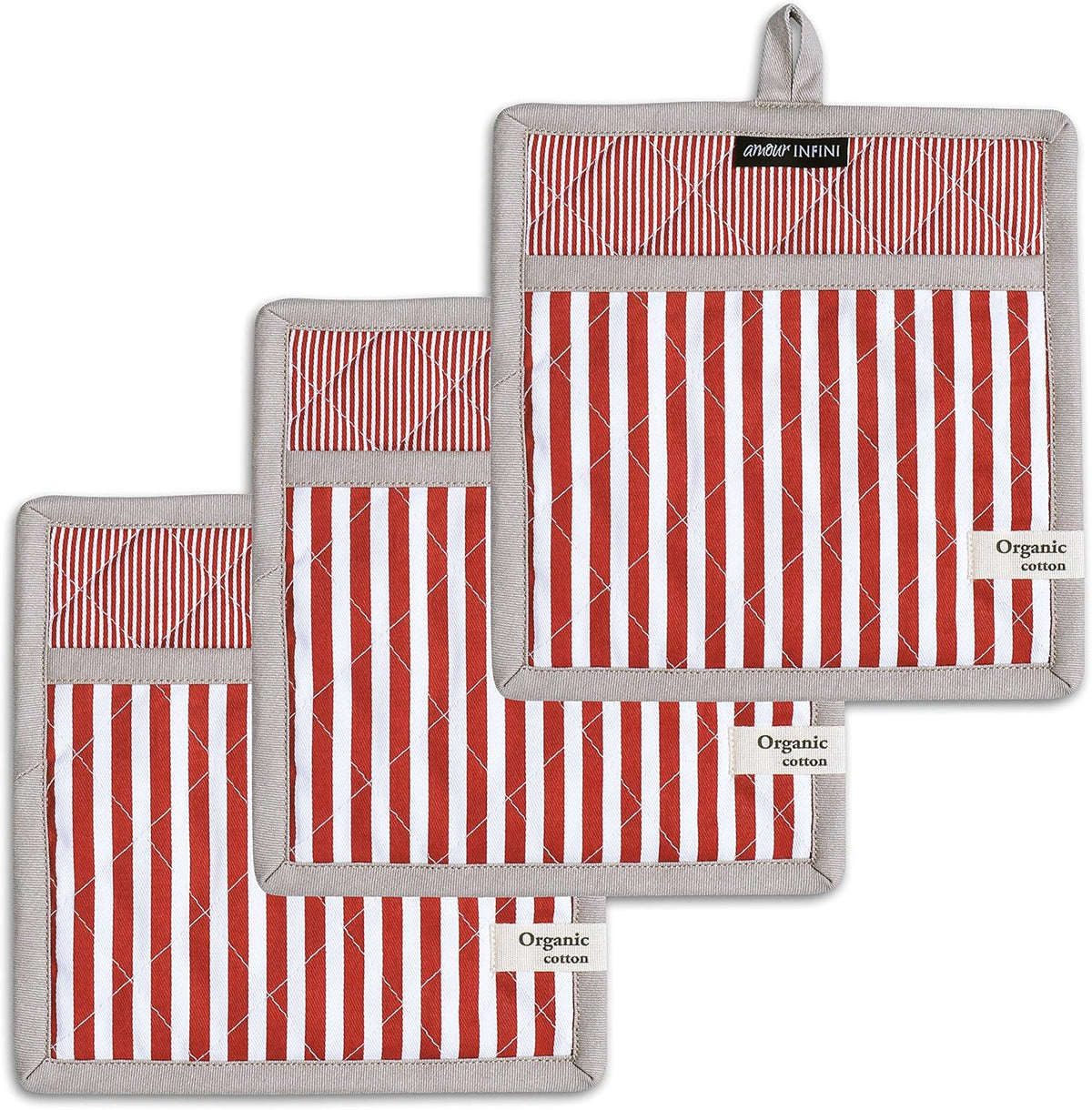 AMOUR INFINI Pot Holders Heat Resistant Cotton Set of 2 Nonslip 8"x8" Inch Hot Pads for Kitchen, BBQ, Baking & Cooking with Hanging Loops (Stripe Rust)