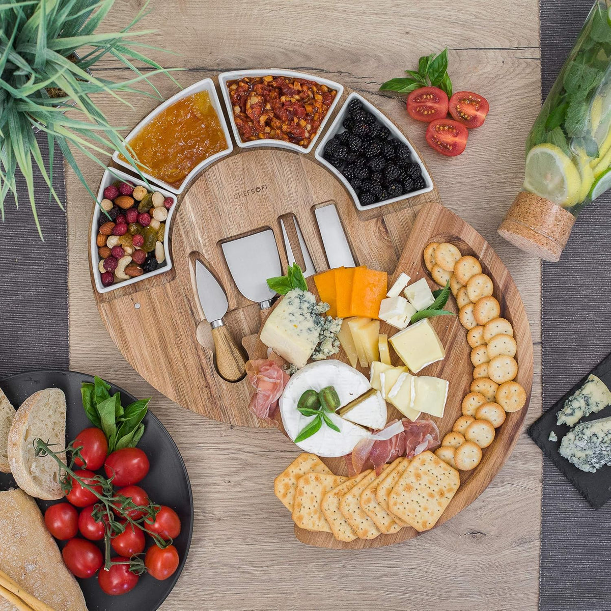 Cheese Board Set - Charcuterie Board Set and Cheese Serving Platter - Made from Acacia Wood - Mothers Day Gifts Optimal - US Patented 13 inch Cheese Board and Knife Set for Entertaining and Serving